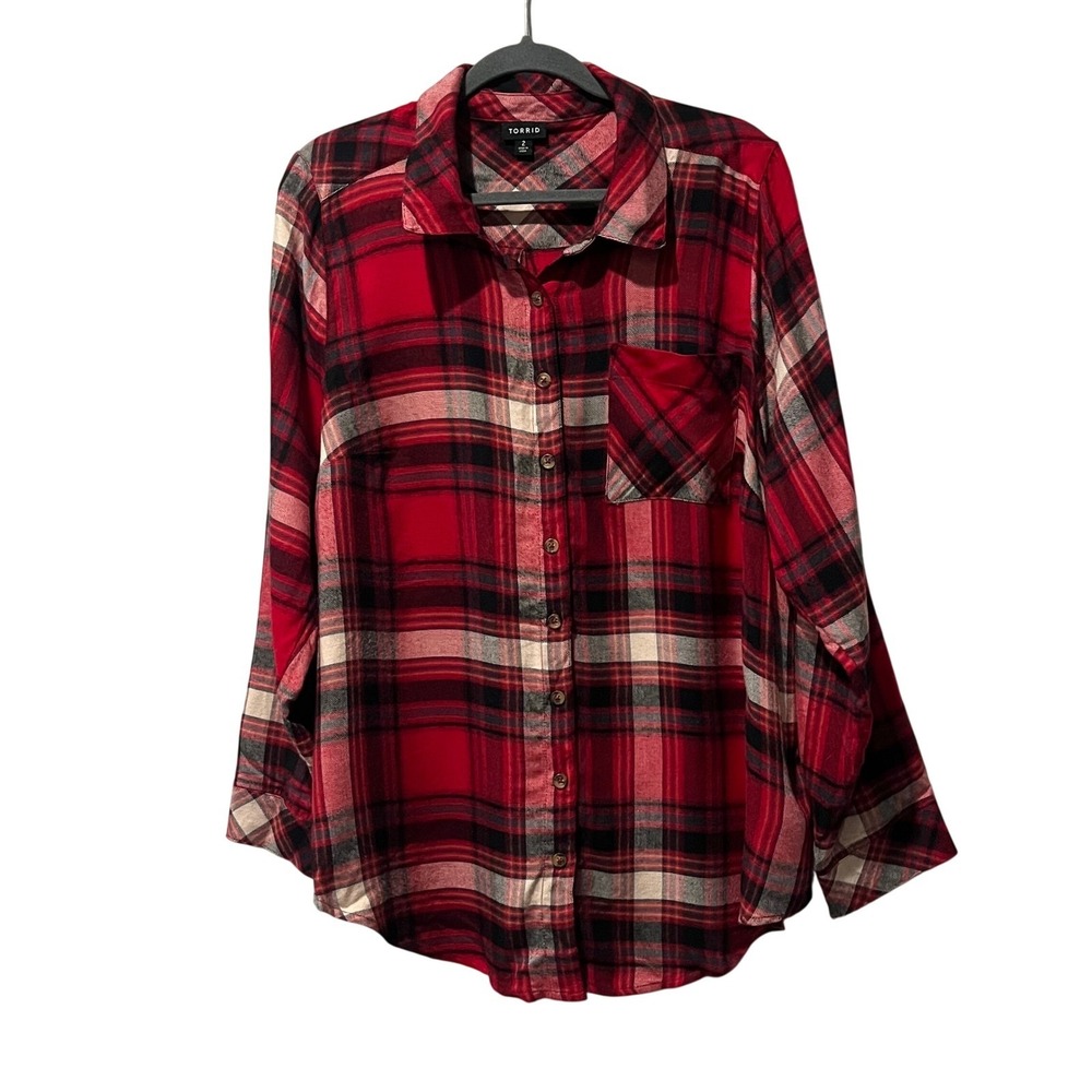 Torrid Lizzie Plaid Button Up Shirt Red Black Soft Long Sleeve Pocket Blouse 2X